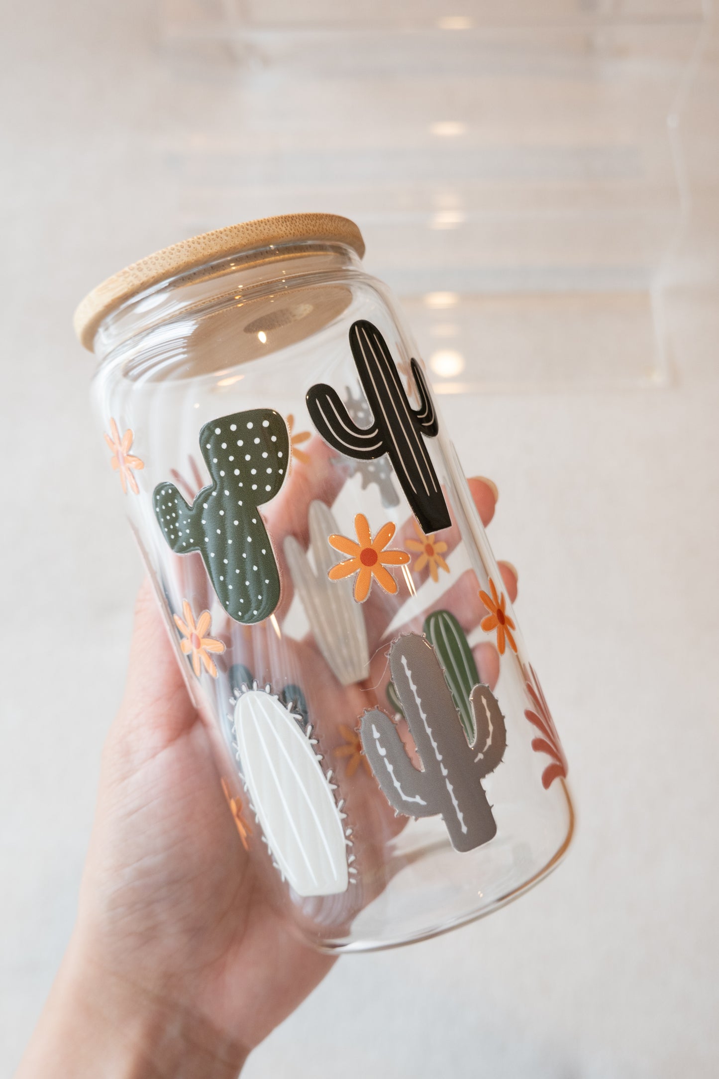 Cactus Garden Glass Cup with Straw & Lid