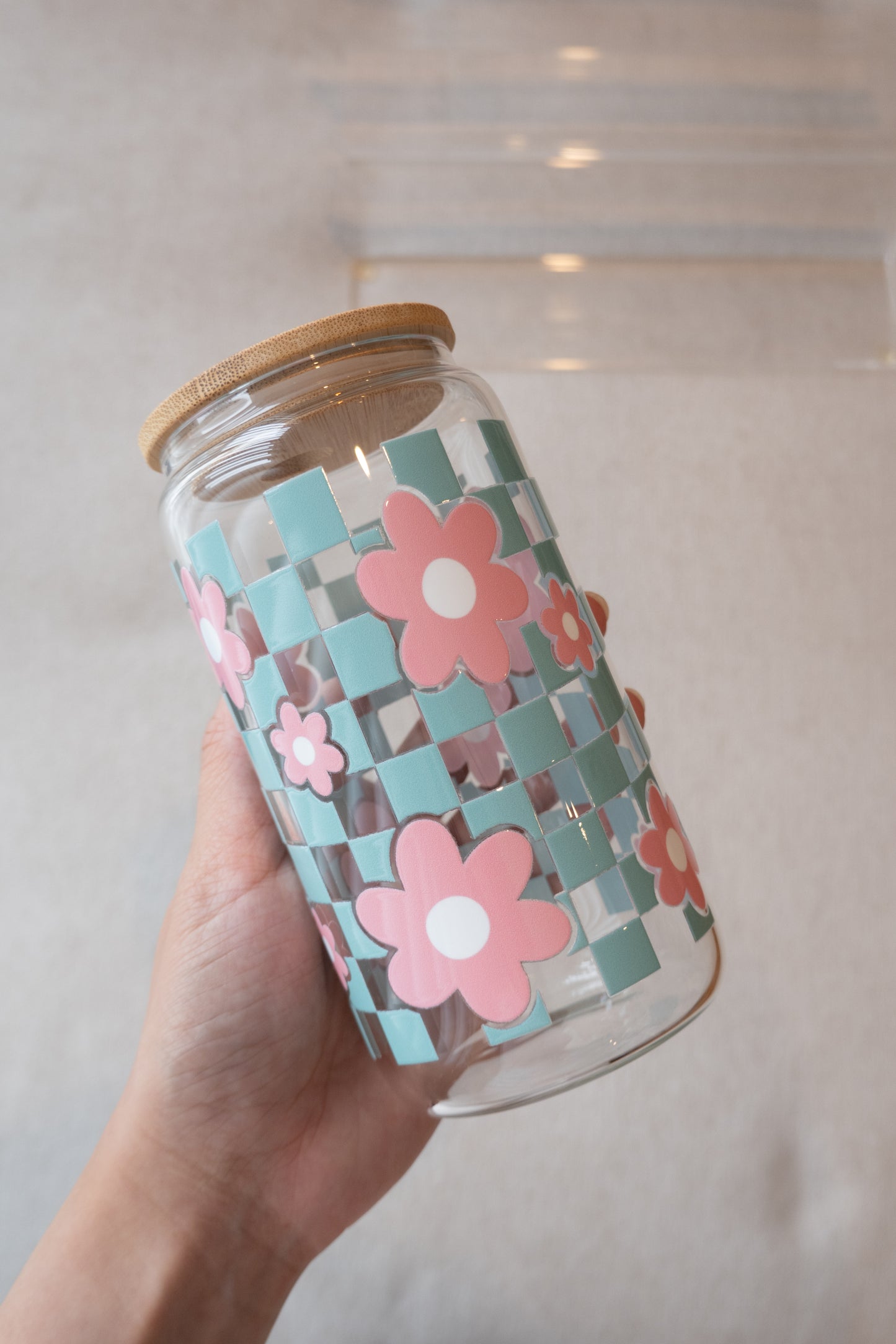 Checkered Retro Flower Glass Cup with Straw & Lid