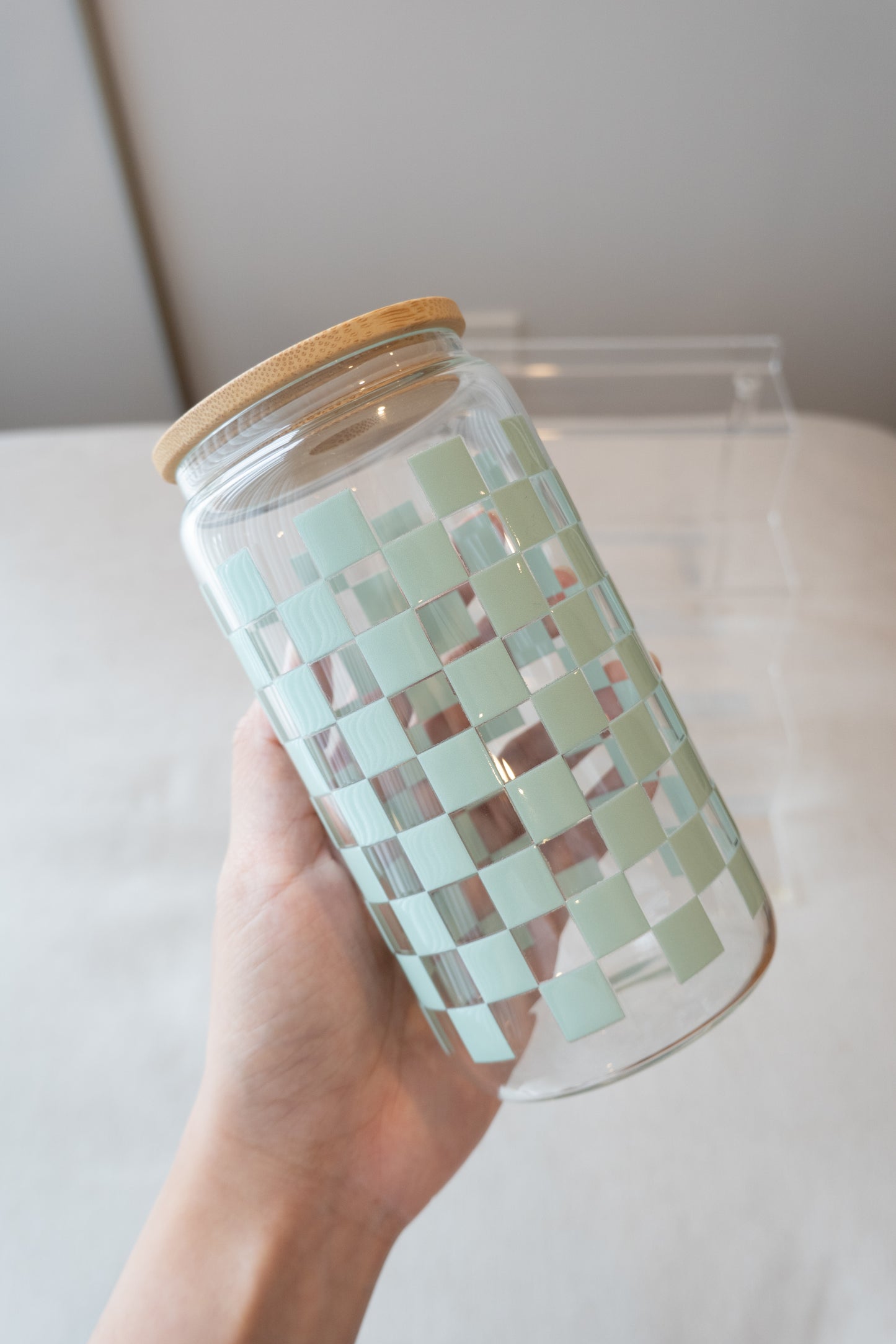 Checkered Matcha Glass Cup with Straw & Lid