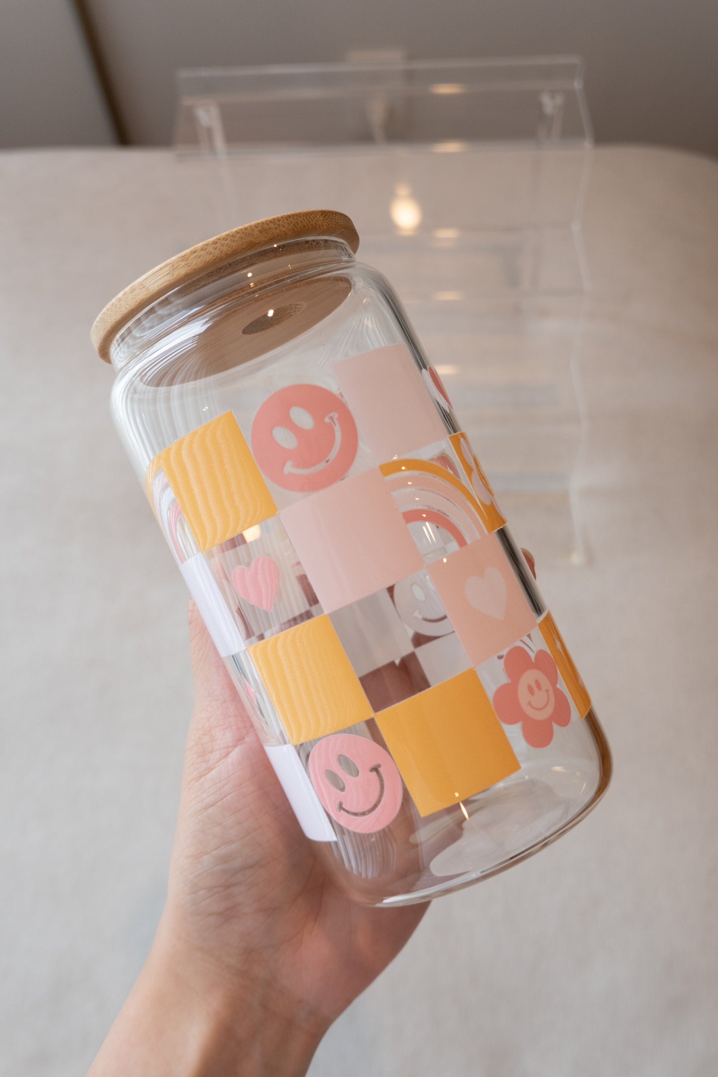 Checkered Happy Face Glass Cup with Straw & Lid