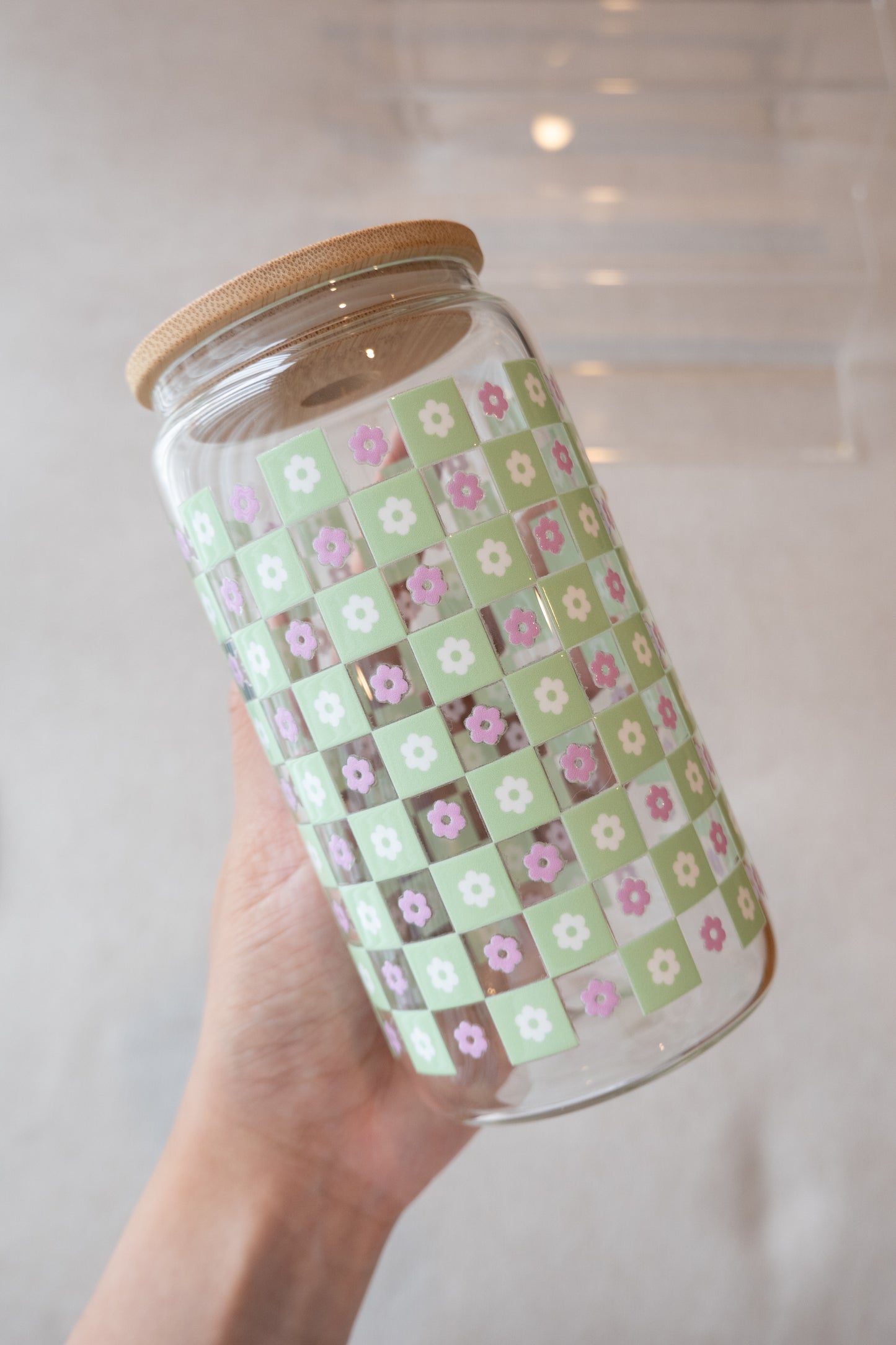Checkered Flower Matcha Glass Cup with Straw & Lid