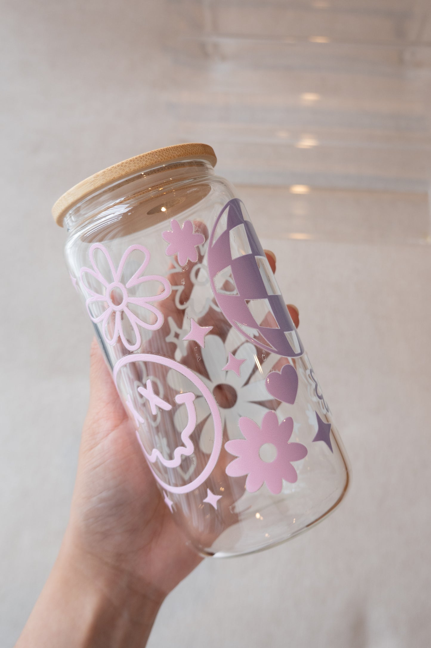 Gradient Smiley Glass Cup with Straw & Lid
