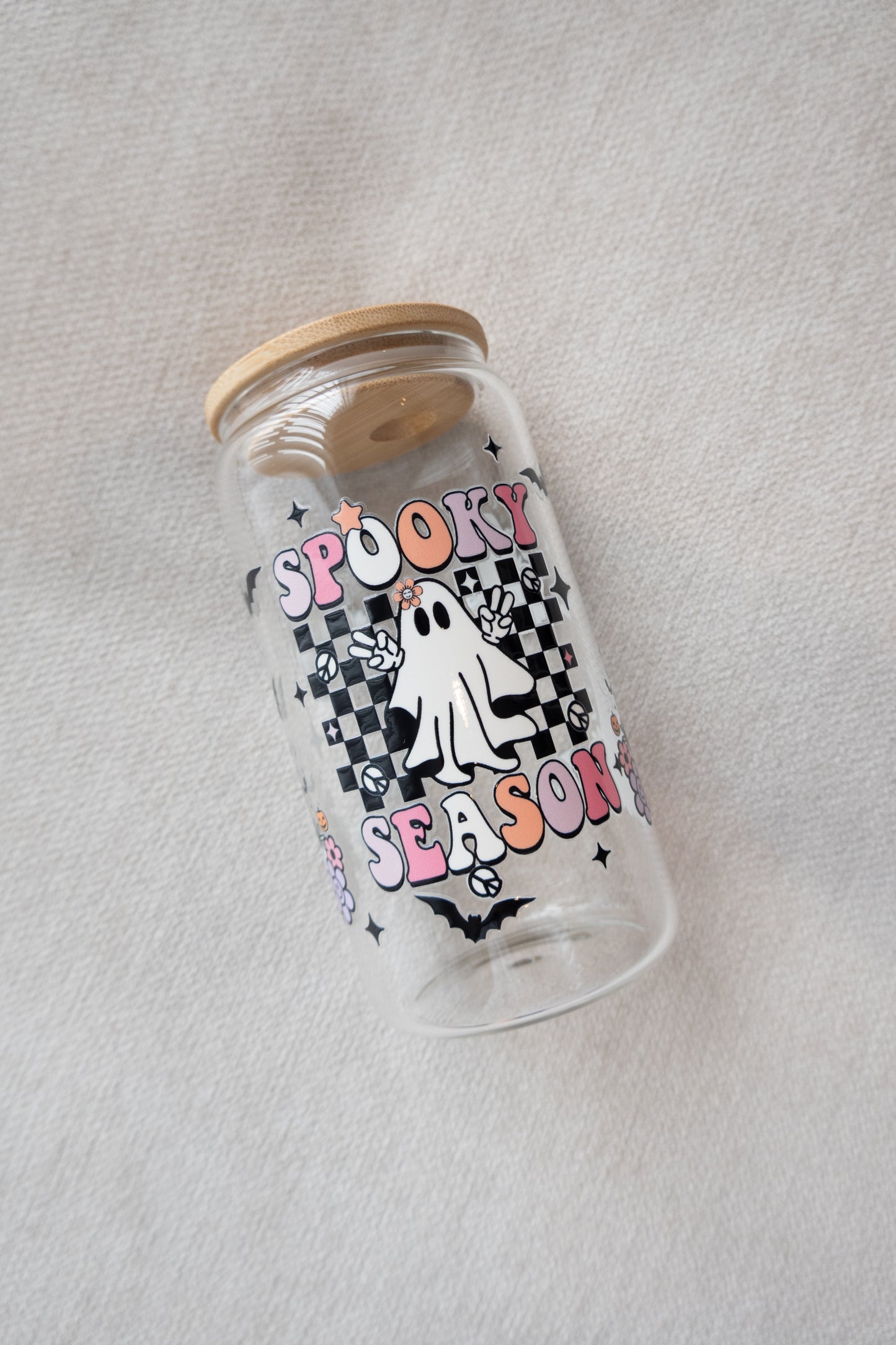 Checkered Spooky Glass Cup with Straw & Lid
