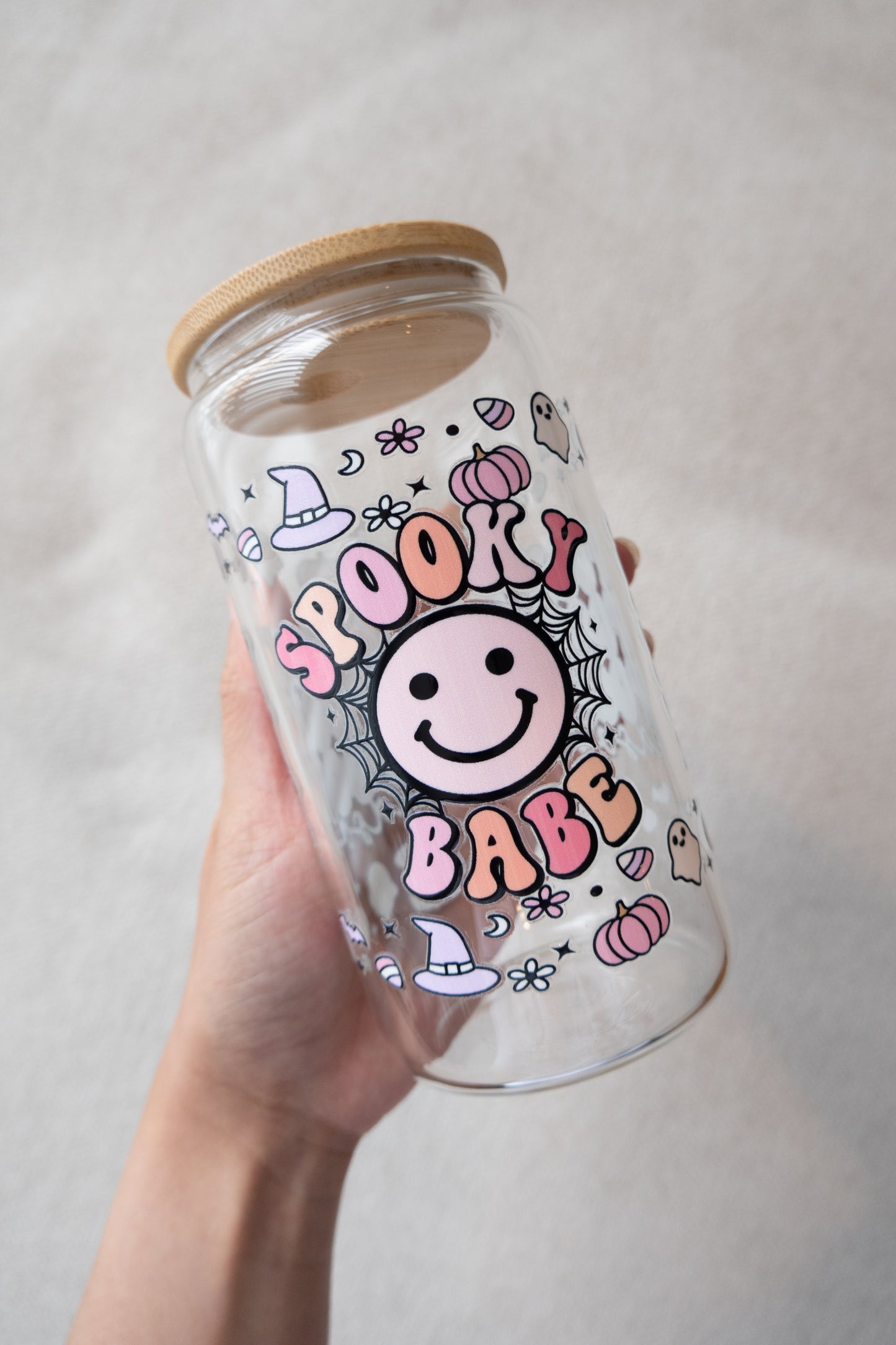 Spooky Babe Glass Cup with Straw & Lid
