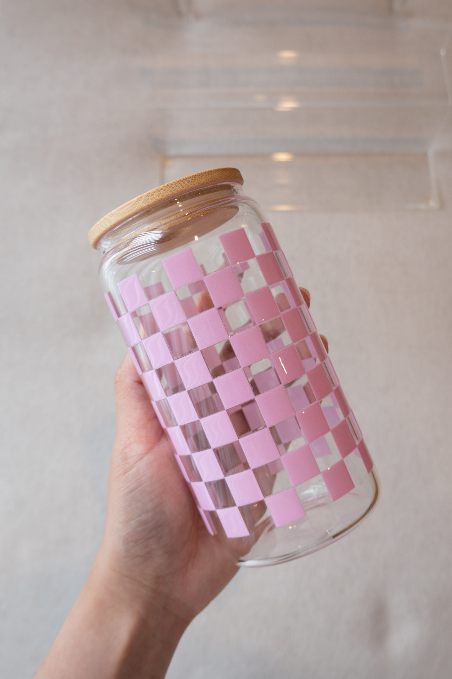 Checkered Pink Glass Cup with Straw & Lid