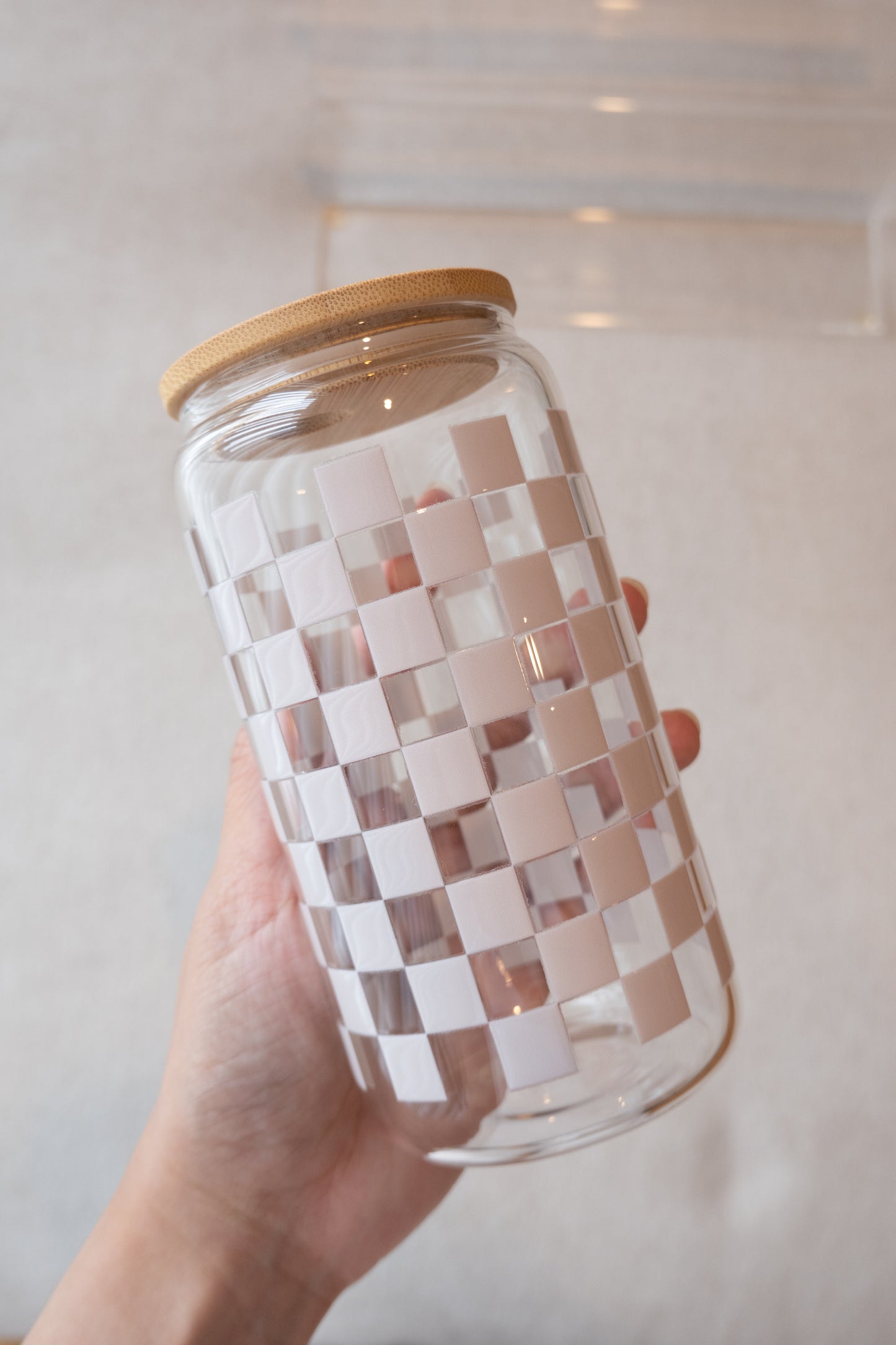 Checkered Beige Glass Cup with Straw & Lid