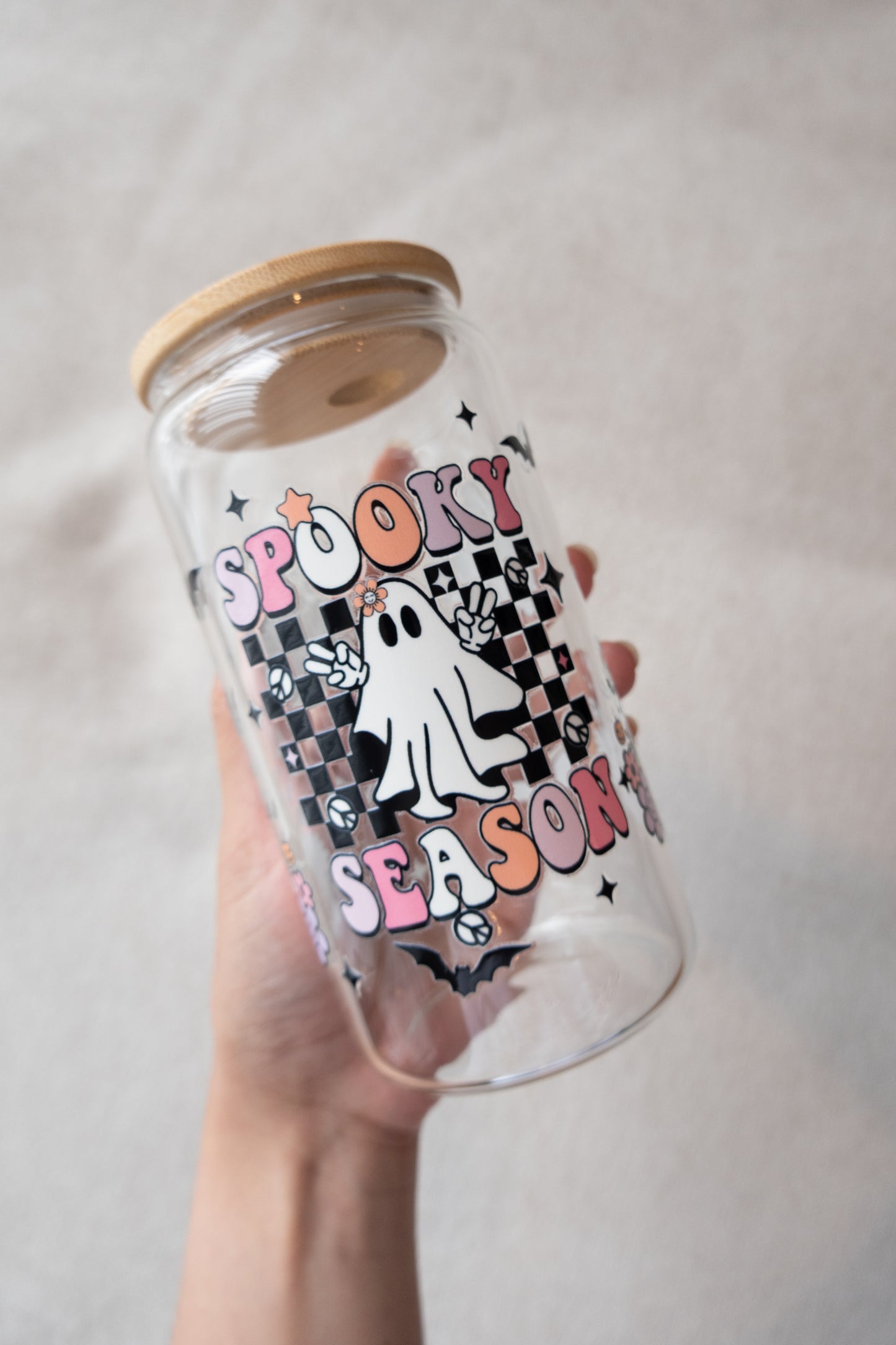 Checkered Spooky Glass Cup with Straw & Lid